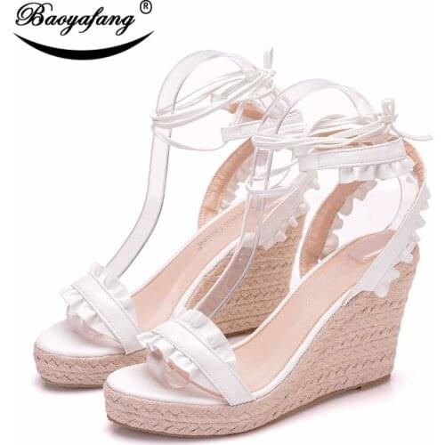 Ladies White Summer Lotus Leaf Flowers Fashion Slope-heel Sandals Lace Rome Slope-heel Fishmouth Sandals Large Size