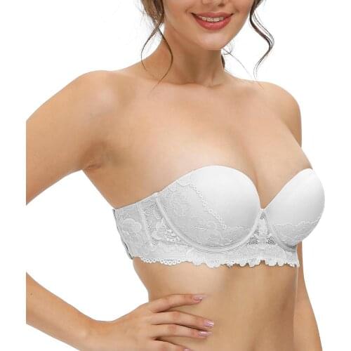 Women Strapless White Invisible Lace Low Backless Bras Padded Push Up Bra Underwire Sexy Lingerie Halter Multiway Bras Wedding