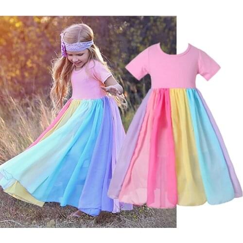 Kidswant Spring Summer Girls Dress New Arrival Kids Pastel Rainbow Dress Cotton Ankle-length Princess Dress for Baby Casual Clot