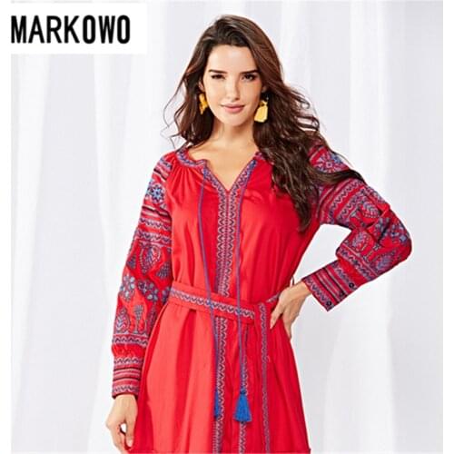 Markowo designer brand 2020 embroidered V-neck with belt and big swing loose dress new womens wear