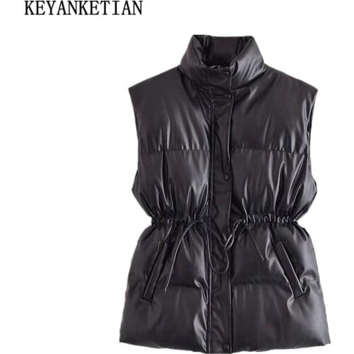 KEYANKETIAN za womens slim sleeveless jacket vest womens jacket vest drawstring PU imitation leather jacket vest winter