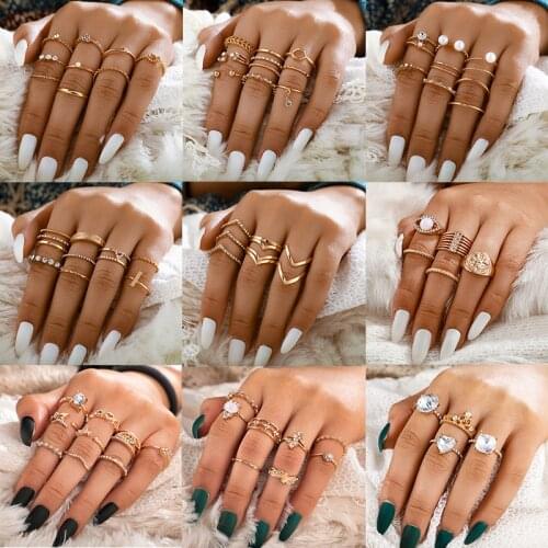 HuaTang Trendy Crystal Heart Pearl Rings Set for Women Gold Color Geometric Knuckle Finger Rings Female 2020 Jewelry Anillos