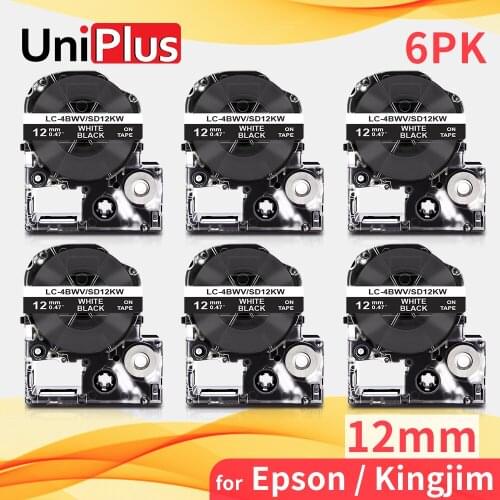 UniPlus 1/2" Printer Ribbon Fit Epson Label Maker Adhesive Tape 12mm SD12KW White on Black for KingJim Label Maker SR170 SR150