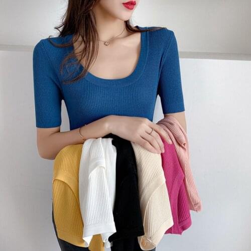 Summer basic knitted T-shirt women 2021 Korean casual stretch short-sleeved T-shirt womens sense of slim top