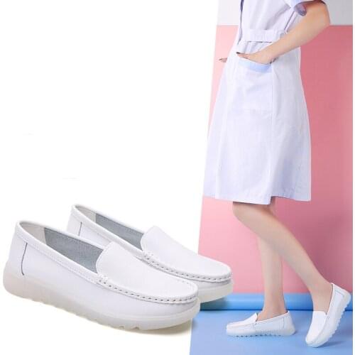 Women Genuine Leather White Platform Shoes Soft Slip on Vulcanize Shoes Breathable Lady Walking Footwear Nurse Work Loafers