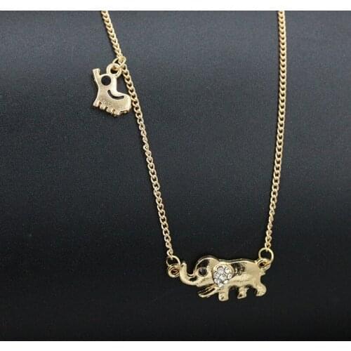 Cute Elephant Shiny Crystal Ear Pendant Golden Animal Necklace for Women Around 49 cm