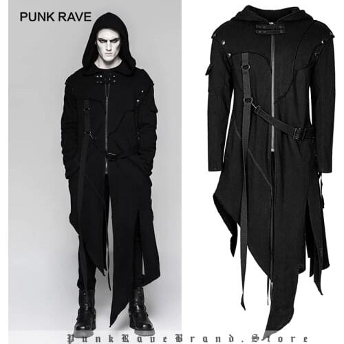 PUNK RAVE Mens Gothic Detachable Sleeves Long Asymmetrical Jacket Punk Street Style Loose Long Hoodie Men Coats Windbreaker