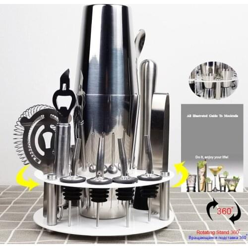 1-14Pcs 450/600ML Stainless Steel Cocktail Shaker Bar Set Boston Style Tool With Cocktail Recipe and Rotating Rack Stand Holder