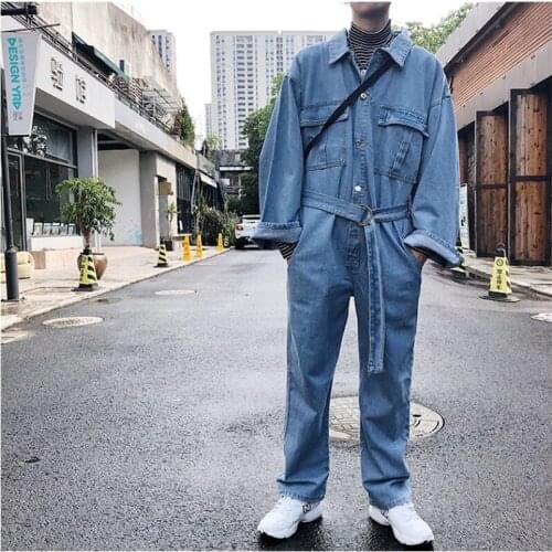 2020 New Denim Jumpsuit Oversized Mens Loose Tooling Hip Hop Romper Long Sleeve Belt Autumn Jeans Jumpsuit Male Streetwear