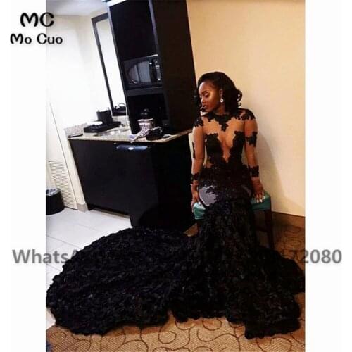 2021 New African Black Mermaid Evening Dresses Prom Gown Long Sleeves 3D Flowers Appliques Dubai Saudi Arabic Evening Dress