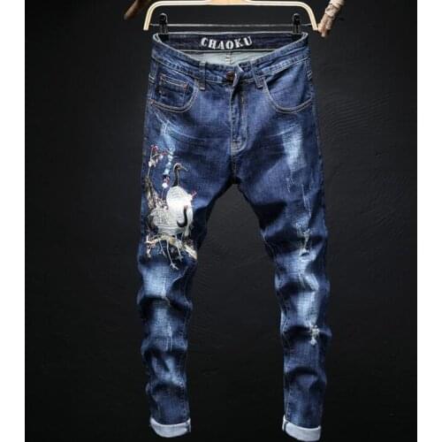 Original design mens jeans new Western style Small straight elastic force trousers embroidery Red-crowned crane Slim pants