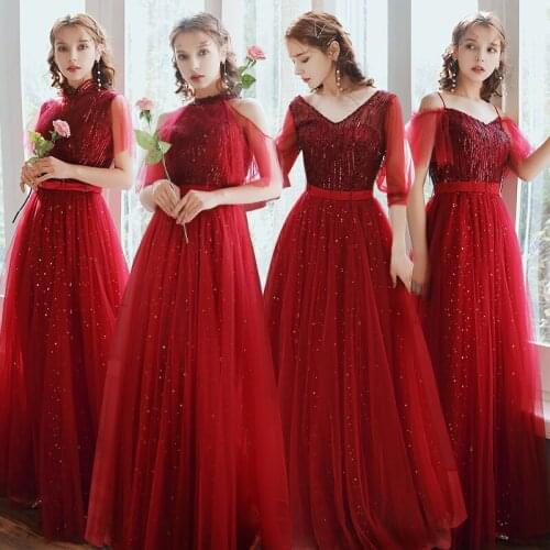 Bridesmaids Dresses Illusion Short V-Neck Spaghetti Straps Sequined Sashes Lace Tulle Floor-Length Women Wedding Party Gown E142