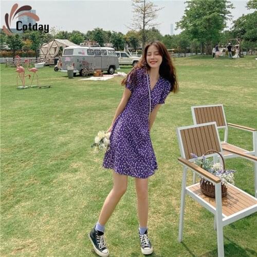 Cotday Vintage Small Daisy Floral Vintage Slim Waist Little Guy Age Reduction Women Casual Floral French Style Mini Dress Sexy