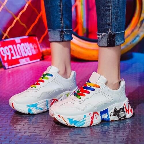 Plus Size PU Leather Platform Sneakers Womens Sport Shoes Women Running Shoes Woman Sports White Colorful Rainbow Walk D-1057