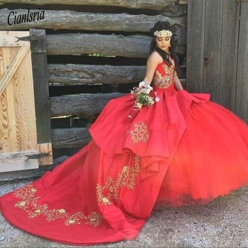 Luxury Red Ball Gown Quinceanera Dresses Sweetheart Gold Appliques Asymmetrical Hem Sweet 15 Dress Lace Up Girls Prom Gowns