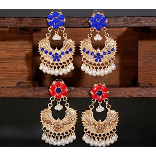Luxury Boho Gypsy Blue Indian Wedding Earrings Orecchini Women Jewelry Retro Red Flower Pearl Beads Ladies Jhumka Earrings