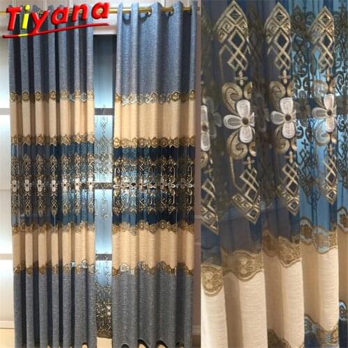 Luxury Hollow Embroidery Curtains for Living Room Semi-Blackout Blue Chenille European Window Drapes Stitching Panels *VT