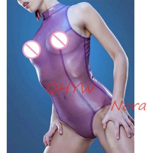 Sexy Women Transparent Black Transparent Purple Latex Swimsuit Sleeveless Rubber Bodysuit Jumpsuit