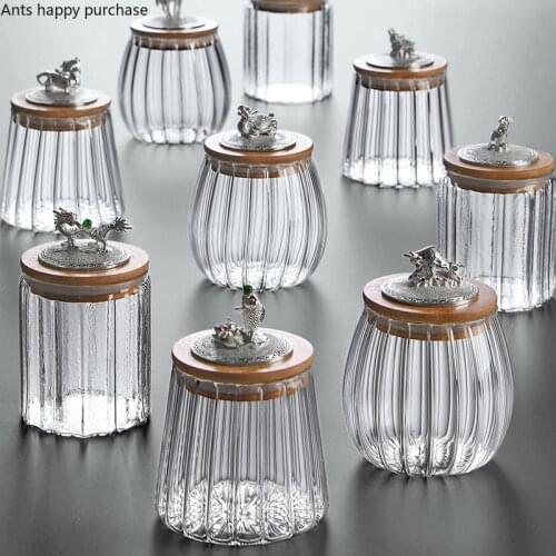 Glass Tea Pot Transparent Sealed Jar with Silver Cover Scented Tea Box Bamboo Cover Portable Storage Jar Household Finishing Box