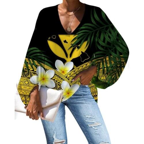 HYCOOL Sexy V Neck Long Sleeve Shirts For Women Polynesian Plus Size Loose Women Clothing Hibiscus Print Tops For Women Fashion