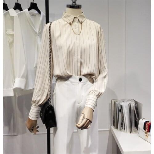 Womens Spring Summer Runway Fashion Vintage Khaki Stripe Shirt Female Casual Loose Office Lady Basic Blouse Tees Tops TB1690