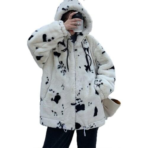 Winter Clothing Women New Rabbit Fur Coat Hooded Faux Fur Jacket Thicken Warm Parka Cows Color Medium length Plush Coat Female