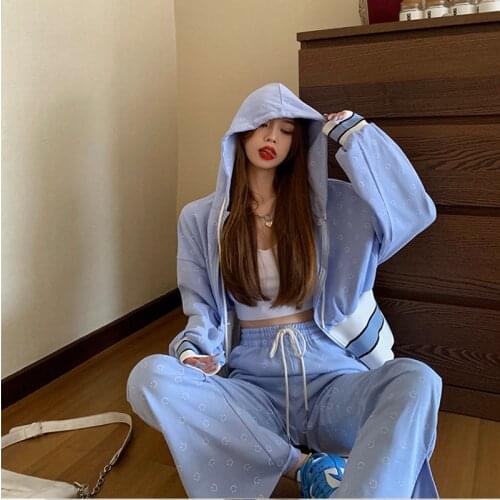 Light Blue Short Hooed Women Coat Metal Zipper Short Autumn Winter Jacket And Drawstring High Waist Plit Pants 2 Pieces Set 2021