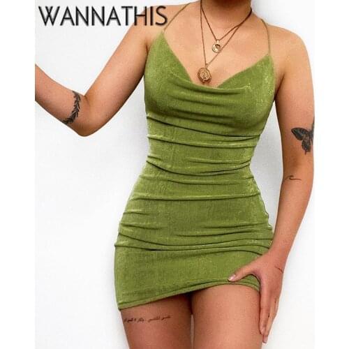 WannaThis Knitted Sleeveless Cami Mini Dress For Women Solid V-Neck Criss Backless 2021 Summer Retro Sexy Basis Grils Dress 2021