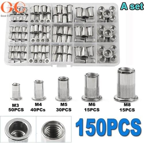 150Pcs Aluminum Alloy M3-M8 Flat Head Metric Threaded Rivetnut Insert Nutsert Rivet Nut Assortment Kit bolts and nuts