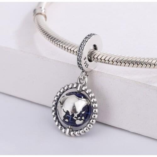 925 Sterling Silver Ocean Blue Rotating Earth World Globe Charm Pendant Bracelet DIY Jewelry Making For Original Pandora