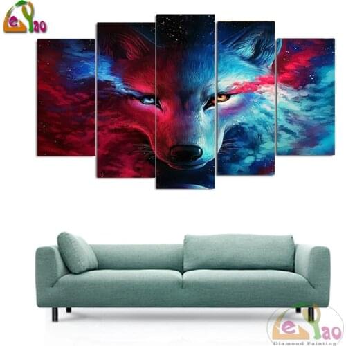 5d Diy Diamond Painting 5 Panels Ice And Fire Wolf Head Wall Art Full Drill Embroidery Animals Rhinestone Mosaic Home Decor