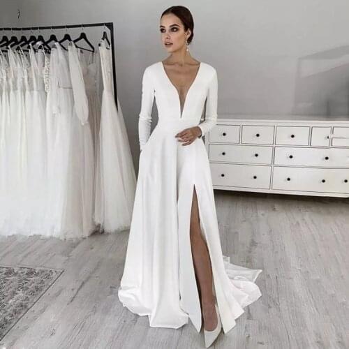 FDHAOLU White Stretch Satin Wedding dress платье wedding party Dress long sleeves Robe De Soiree свадебные платья