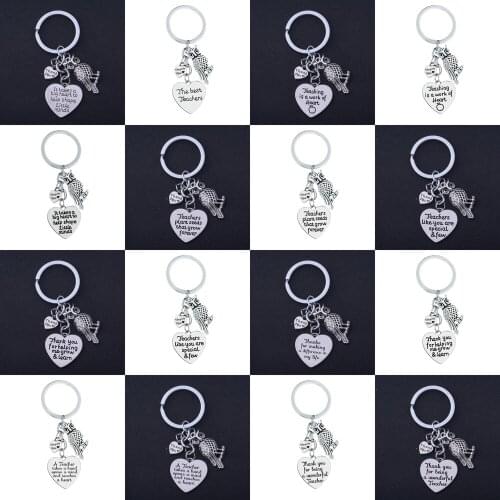 Teachers Keyrings Engraved Words Heart Pendant Thank You Love Heart Owl Charm Keychains Graduation Gifts Thanksgiving Presents
