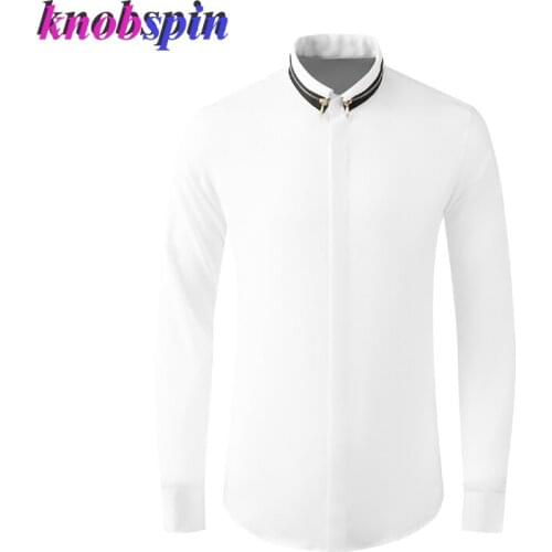 Brand Black White Male Shirts Luxury Long Sleeve Zipper Collar Casual Mens Dress Shirts Fashion Slim Fit Party Man Shirts 4XL