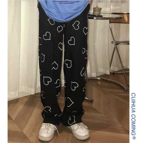 Hip Hop Loose Wide Leg Pants Womens Sports Joggers Sweatpants Vintage Casual Trouser Female Fashion Spring Harajuku Heart Print