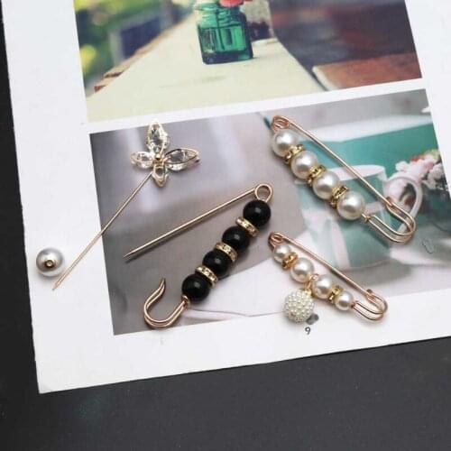 Sweater Shawl Clip Double Faux Pearl Brooches Shirt Pin Buttons Pearl Crystal Waist Pants Extender Safety Pins for Women T84A