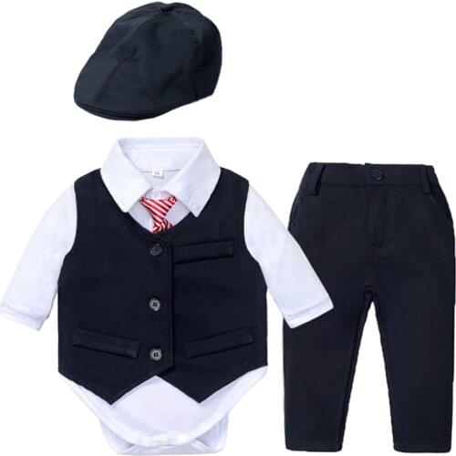 Infant Boy Suit Baby Formal Clothes with Bow Bow Hat Outfit 1 2 3 4 Years Gentleman Kids Wedding Vest Romper KB8039
