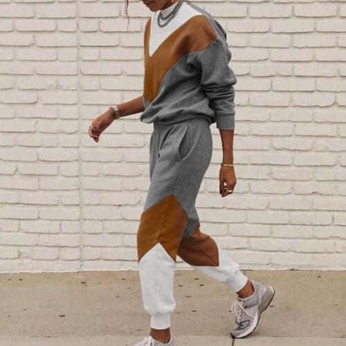 Women Winter Two Piece Set Stitching Color Tracksuit Long Sleeve Loose Casual Sweatshirt Trousers Suit Lounge Clothing #40
