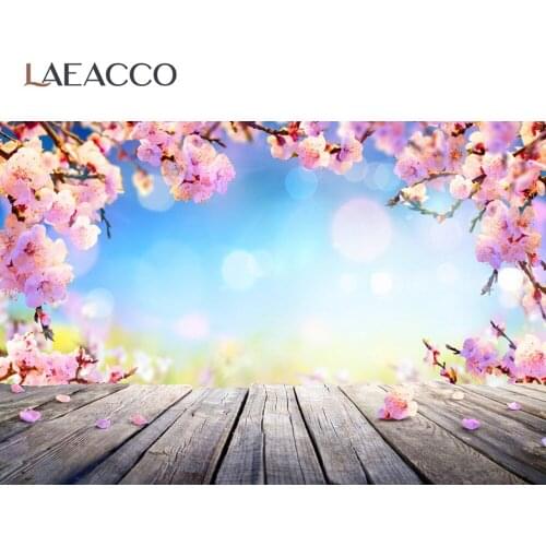 Laeacco Spring Blossom Cherry Flowers Petal Polka Dots Dreamy Scenic Planks Floor Scene Photo Background Photography Backdrops