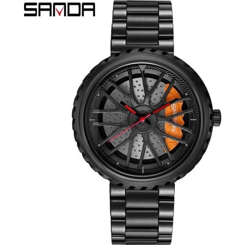 SANDA Mens Watches Quartz Full Steel Military Wheel Shaped Rotating Dial Business Men Sports Watch Waterproof Relogio Masculino