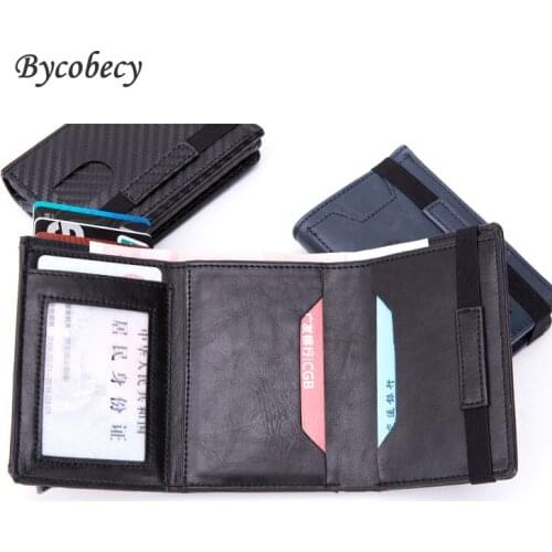 Bycobecy 2021 New PU Leather Wallet Multifunctional Men Clutch Carbon Fiber Card Holder RFID Blocking Case Metal Box Female Bag