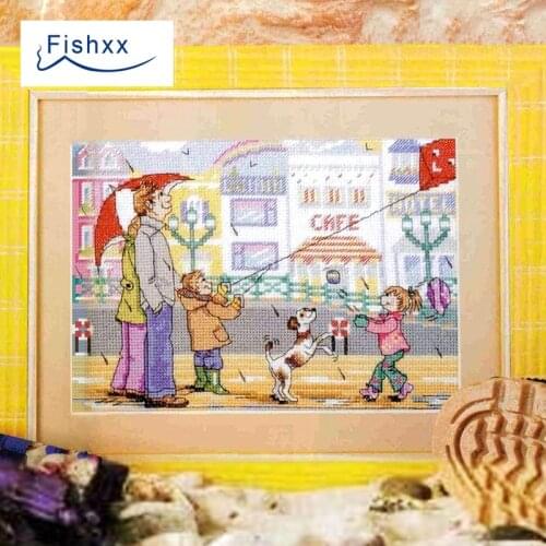 Fishxx Cross Stitch Kit European magazine series Crazy95-1 spring street scenery rain in the kite