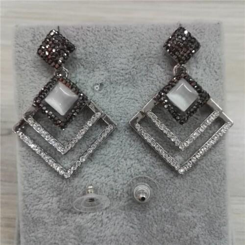 New Hollow Square Metal Pave White Rhinestone GrayGrey Cat Eye Opal Stone Beads Charms Dangle Earring For Women