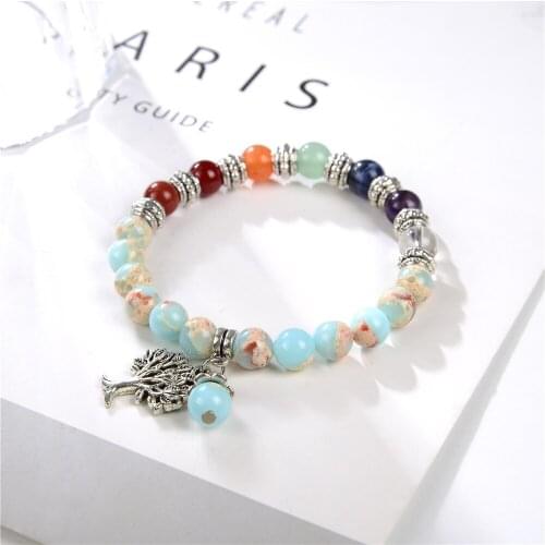New Natural Stone 8mm Round Beads Bracelet Pendant Tree of Life Bangle for Women Energy Yoga Jewelry Gift Chain 7.5inch Y946