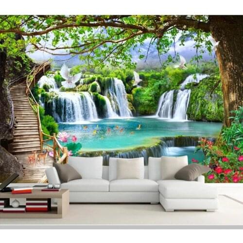 Papel de pared green big tree forest waterfall landscape bridge 3d wallpaper mural,living room bedroom wall papers home decor