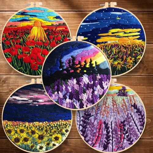 Wholesale 10 Sets Scenery Flower Embroidery Knitting Kits Needlework Cross Stitch DIY Decor Paintings Beginner Materials Package
