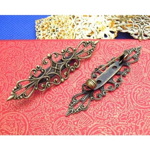 57x15mm Antique Bronze Plated Copper Filigree Bezel Tray Pins Back Brooches base Settings Cabs Blank Jewelry Making Wholesale