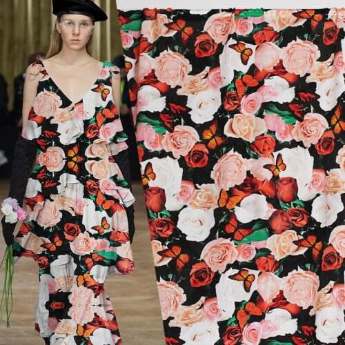 Pearlsilk 12momme Red Roses Printed Crepe de Chine 100% Silk Materials Shirt Dress DIY clothes fabrics Freeshipping