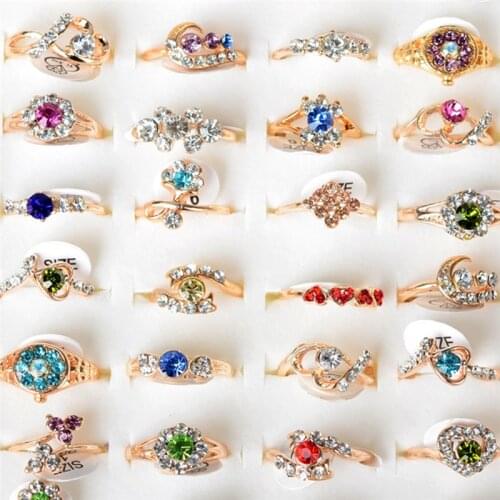 PINKSEE 20 Pcs Gold Color Assorted Design Crystal Ring Cute Kid Child Party Small Size Adjustable Jewelry Wholesale Lot Gift