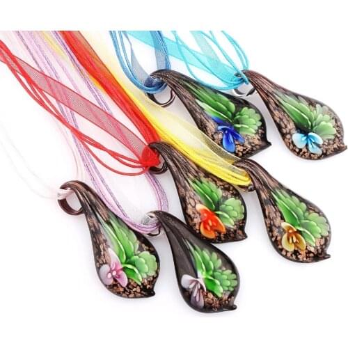 Fashion Wholesale 6pcs handmade Murano Lampwork Glass Mix Color Black flower Leaf Pendants Silver P Charms Necklace necl0086